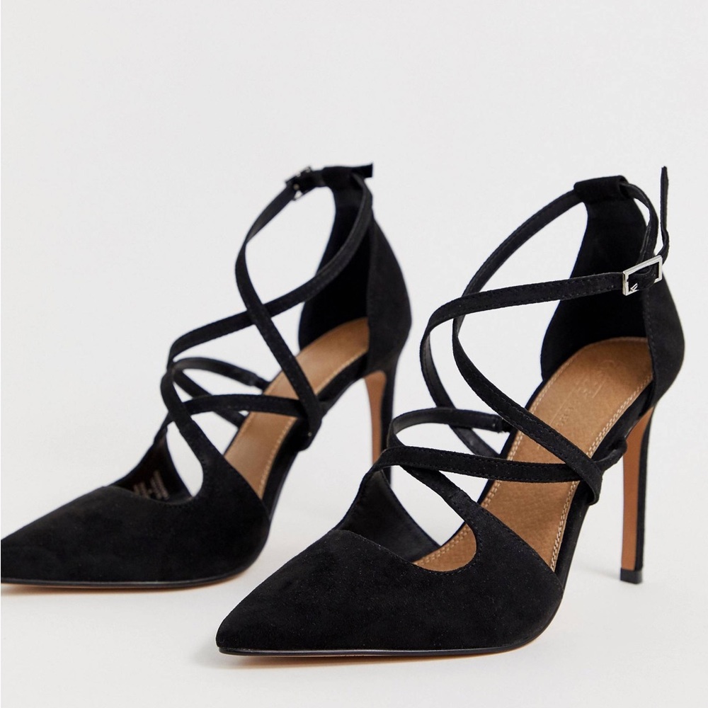 ASOS DESIGN Wide Fit Wren pointed high heels in black.